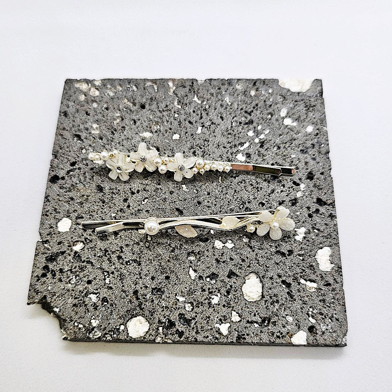 Chloe Silver & White Floral Hair Slide - Pair