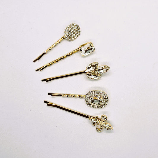 Fleur Gold Crystal & Diamante Hair Slide - Pair